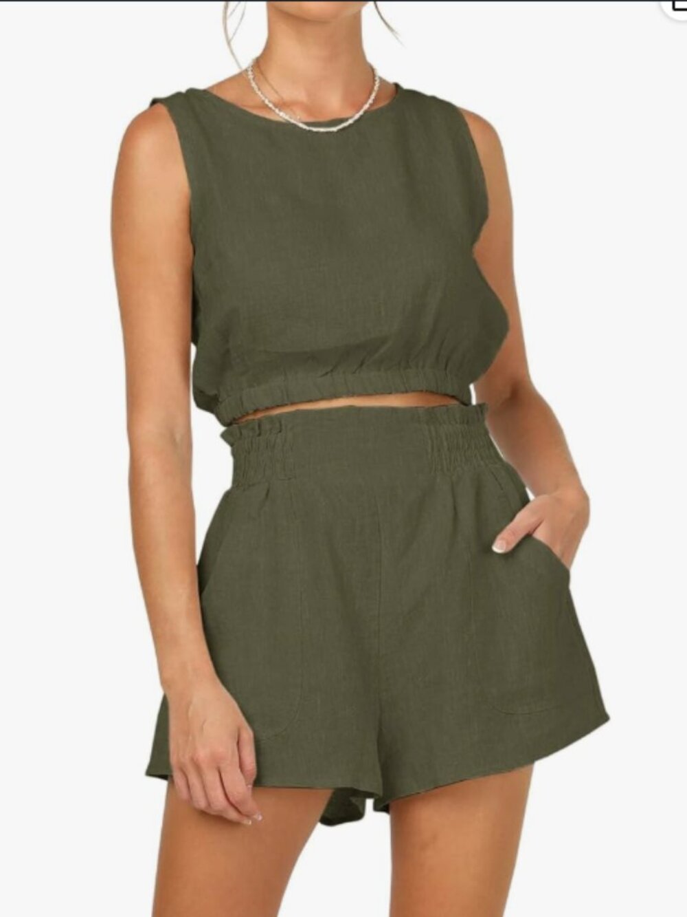 Women's 2 Piece Outfits Sleeveless Crop Top and High Waist Shorts - Army Green